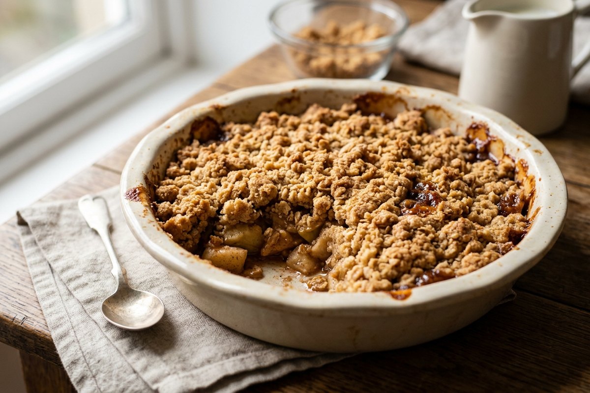 Finished apple cinnamon crumble served and photographed in natural daylight