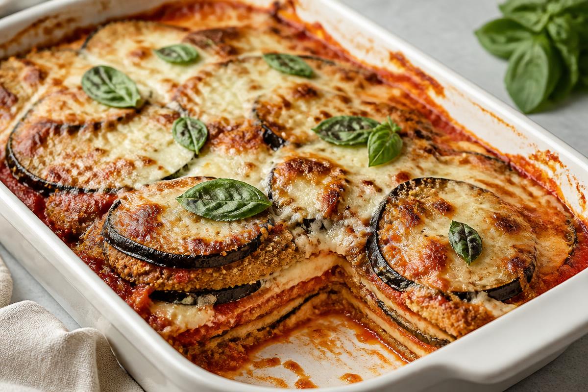 White baking dish of layered eggplant parmesan with overlapping breaded eggplant slices, tomato sauce, browned melted mozzarella and fresh basil, one portion served out to show the layers