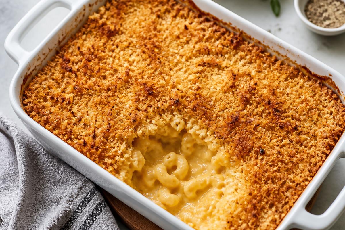 Baked macaroni and cheese with a golden crispy breadcrumb topping, one scoop removed