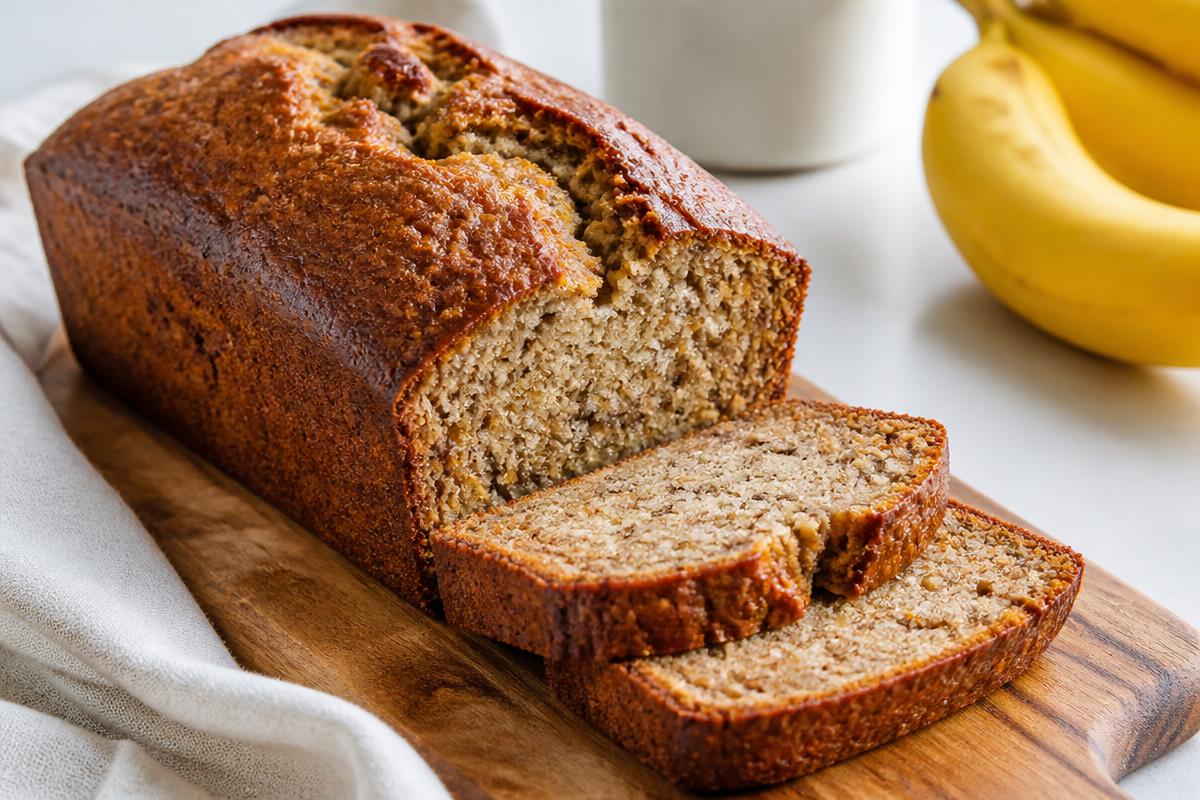 A banana bread loaf on a wooden board with a cracked domed top and two cut slices showing the moist crumb.
