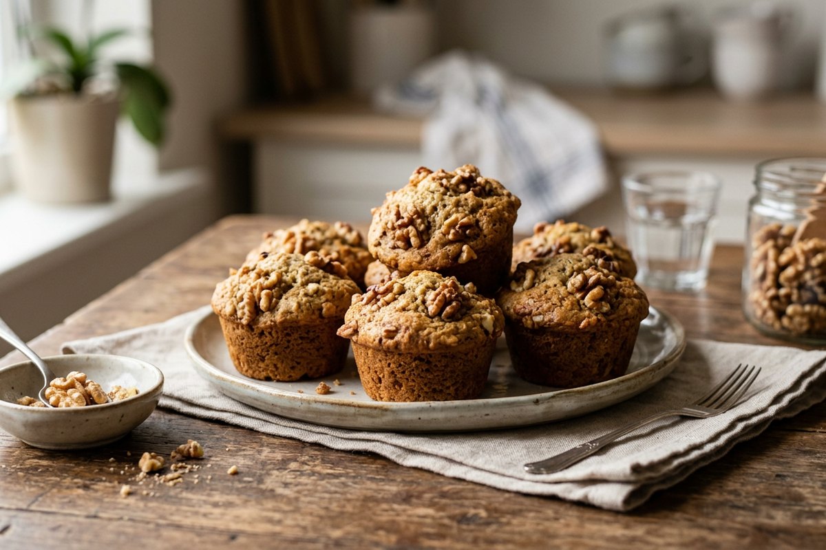 Finished banana walnut muffins served and photographed in natural daylight