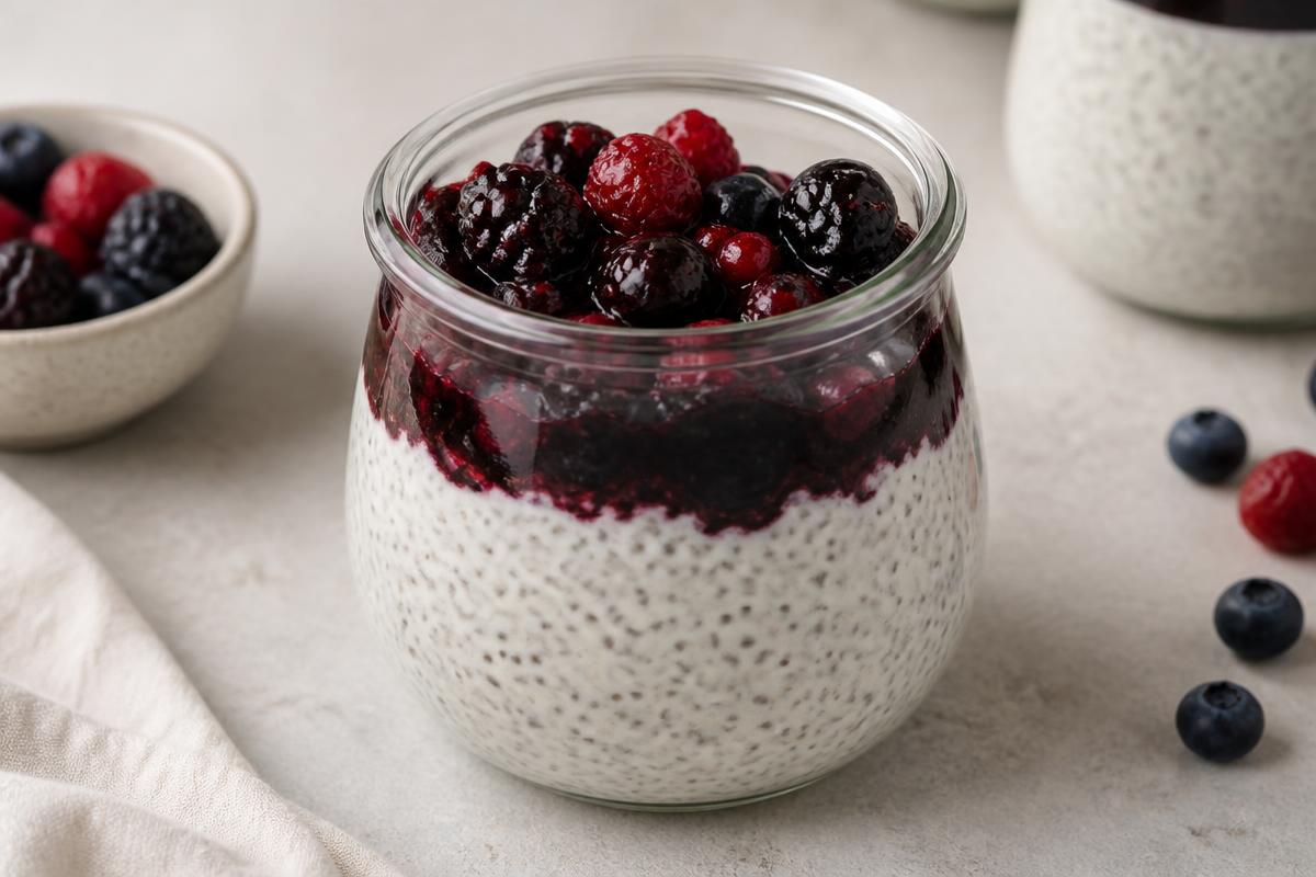 Glass jar of thick vanilla chia pudding layered with dark mixed berry compote and whole berries on top