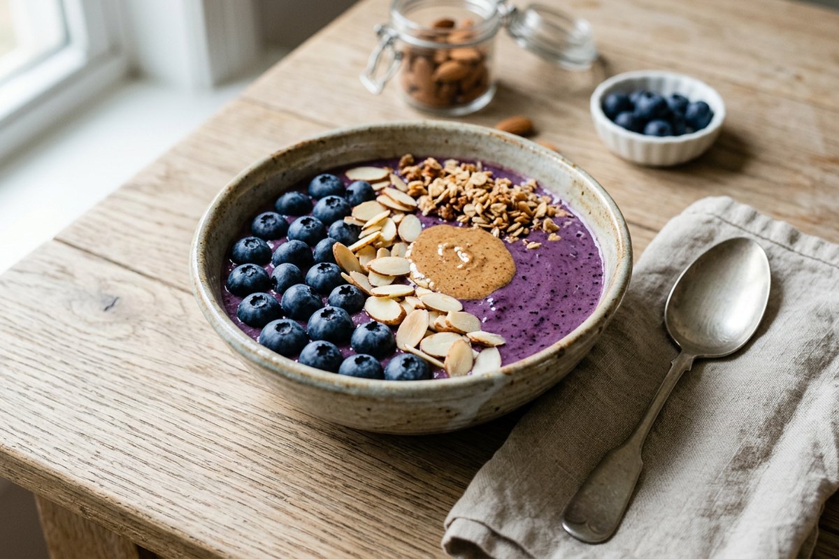 Finished blueberry almond smoothie bowl served and photographed in natural daylight