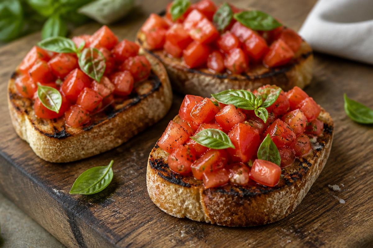 Tomato bruschetta on grilled sourdough slices with fresh basil