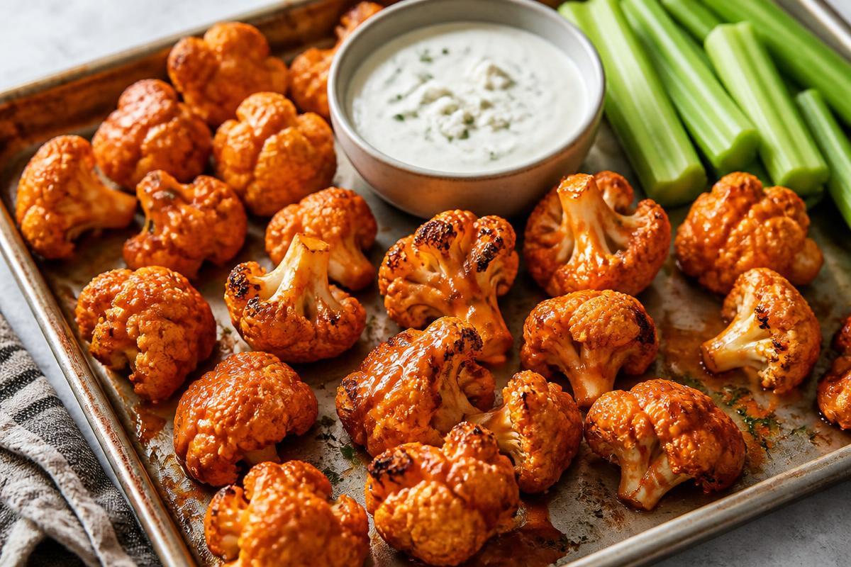 Baked buffalo cauliflower bites in orange sauce on a sheet pan with dip and celery