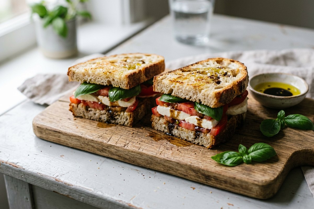Finished caprese sandwich served and photographed in natural daylight