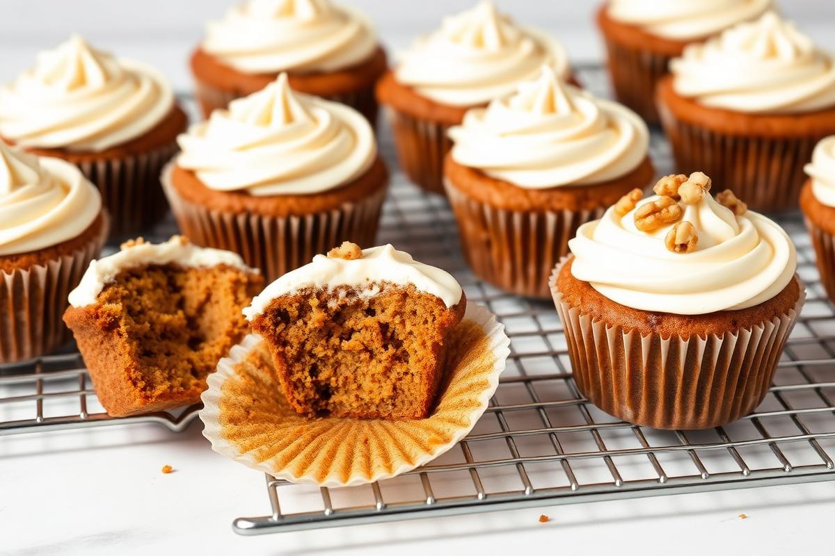 Carrot cake cupcakes with swirled cream cheese frosting on a wire rack, one unwrapped showing the spiced crumb, some topped with walnuts