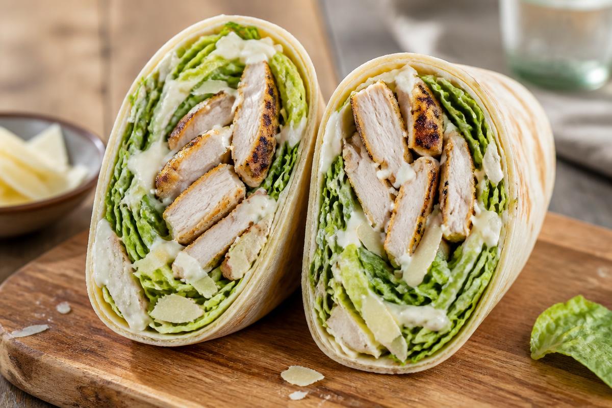 Chicken caesar wrap cut in half showing sliced chicken, romaine and shaved parmesan