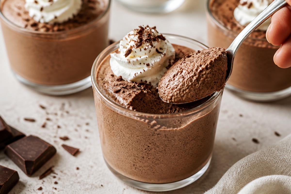 Light airy chocolate mousse in glass cups with whipped cream and chocolate shavings