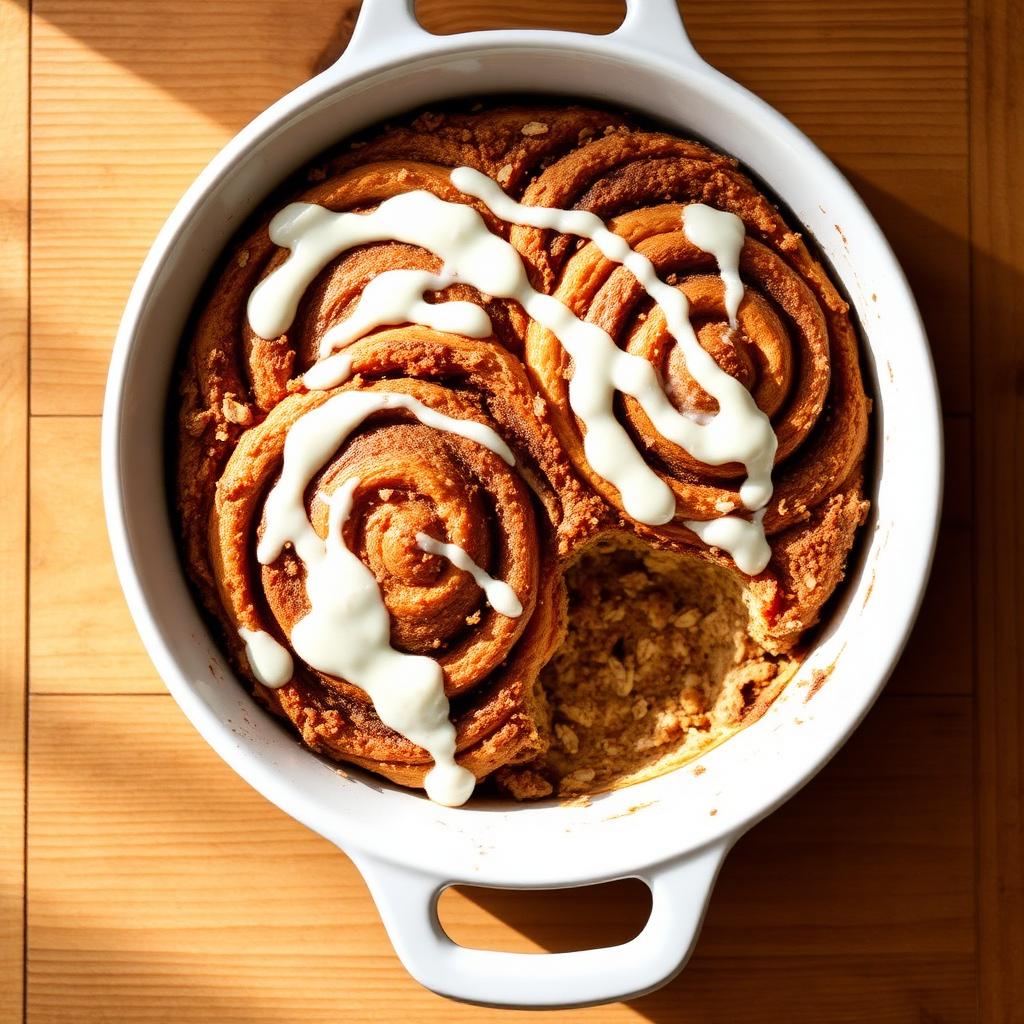 Cinnamon roll baked oatmeal in a white baking dish with cream cheese glaze drizzle