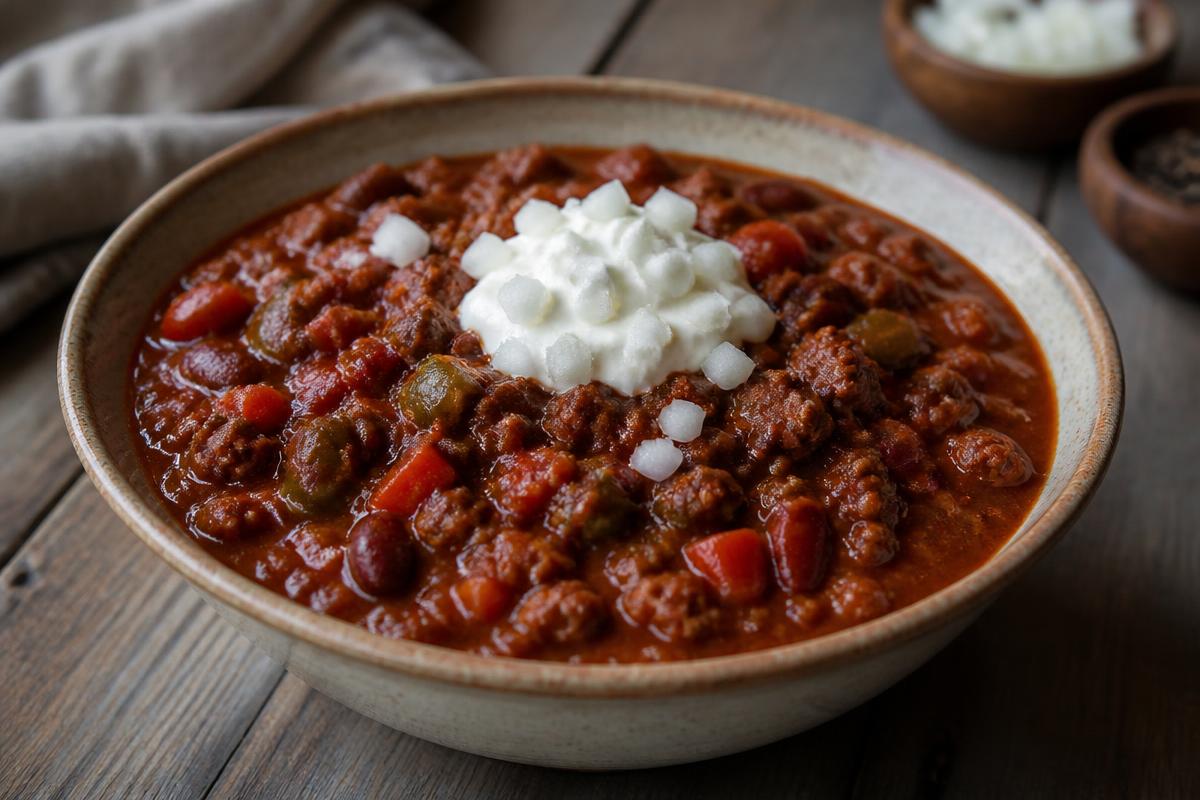 Bowl of thick beef chili with beans, peppers and tomato, topped with sour cream and diced onion