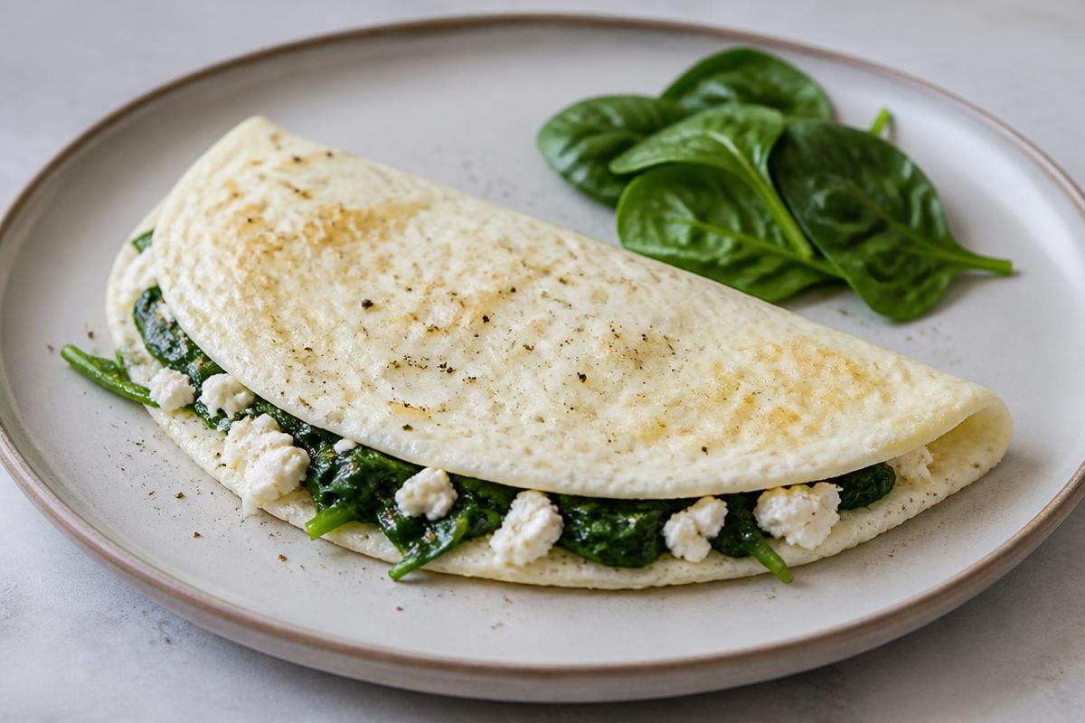 Folded egg white omelette on a plate filled with wilted baby spinach and crumbled feta, with fresh spinach leaves alongside