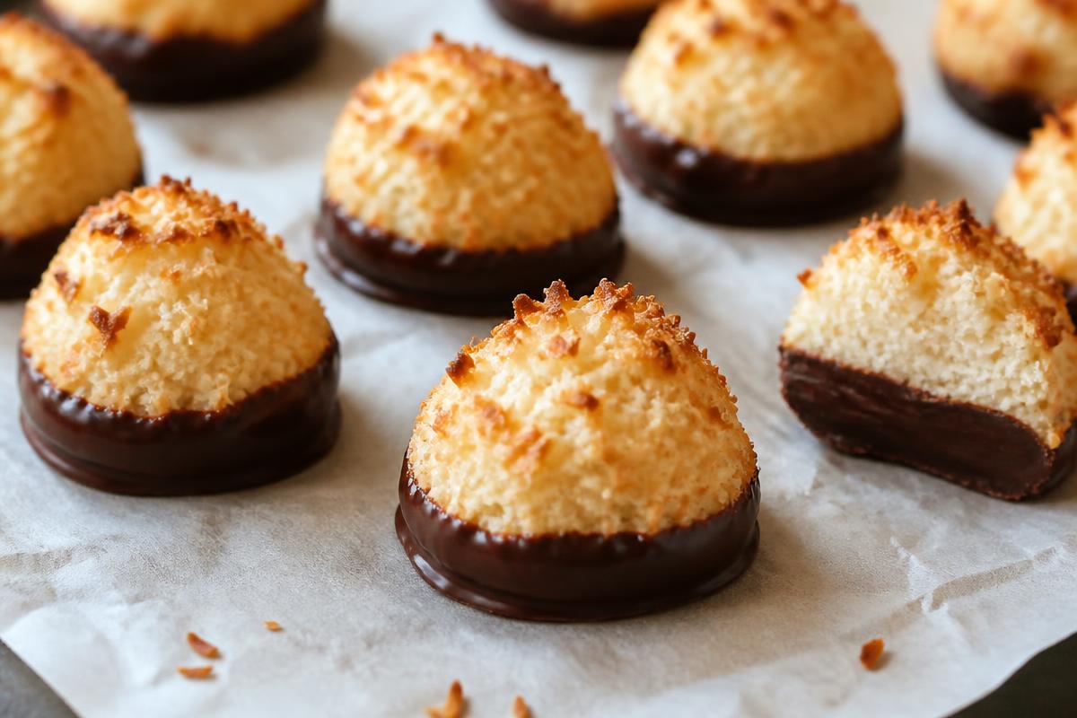 Toasted coconut macaroons with bases dipped in dark chocolate on parchment