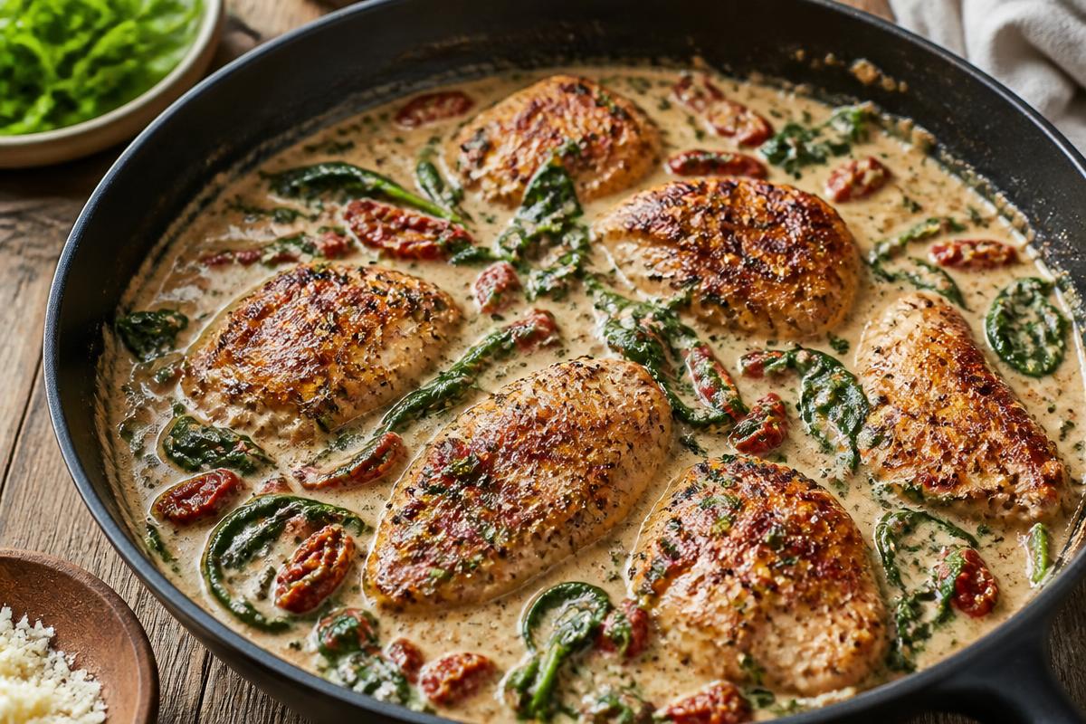 A skillet of golden chicken breasts in a creamy parmesan sauce with sun-dried tomatoes and wilted spinach.