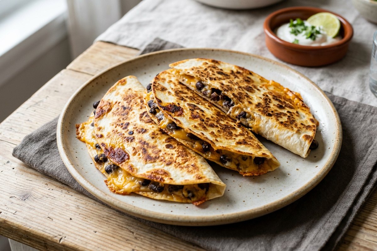 Finished crispy cheese quesadillas served and photographed in natural daylight