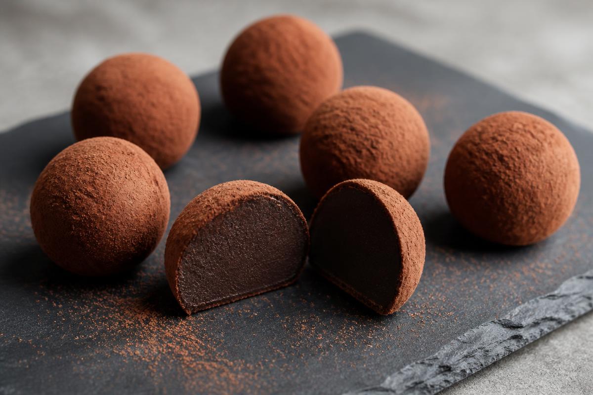 Cocoa-dusted dark chocolate truffles on a slate board, one cut open to show the smooth ganache centre