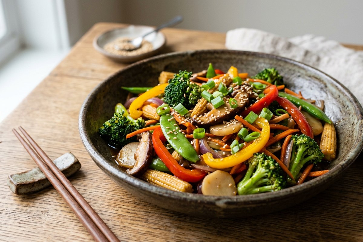 Finished fifteen-minute vegetable stir-fry served and photographed in natural daylight