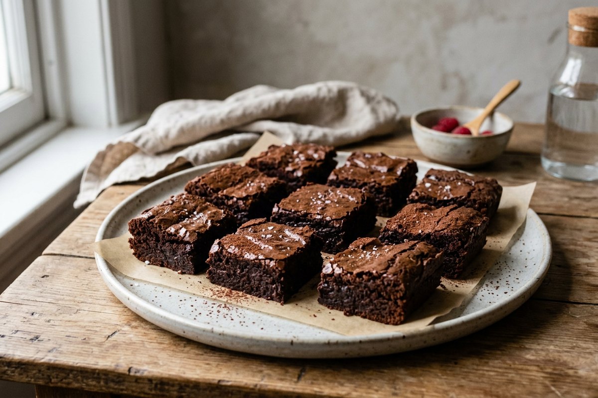 Finished flourless chocolate brownies served and photographed in natural daylight
