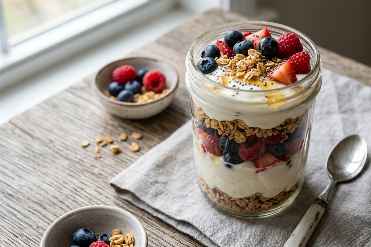 Finished greek yogurt berry parfait served and photographed in natural daylight