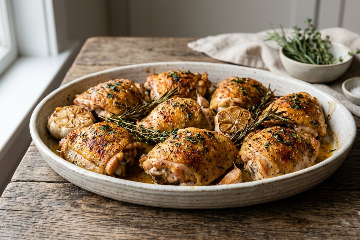 Finished herb-roasted chicken thighs served and photographed in natural daylight