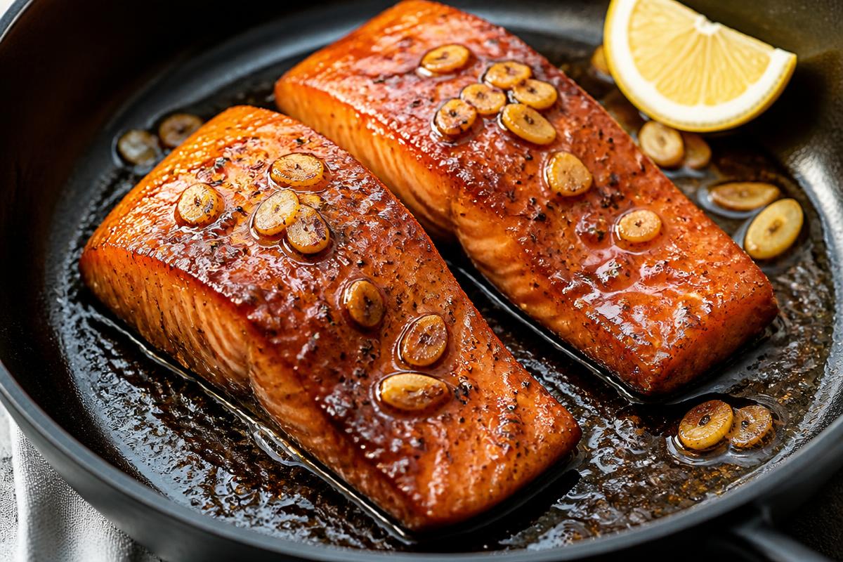 Two salmon fillets in a skillet coated in a glossy dark honey garlic glaze with sliced garlic and a lemon wedge