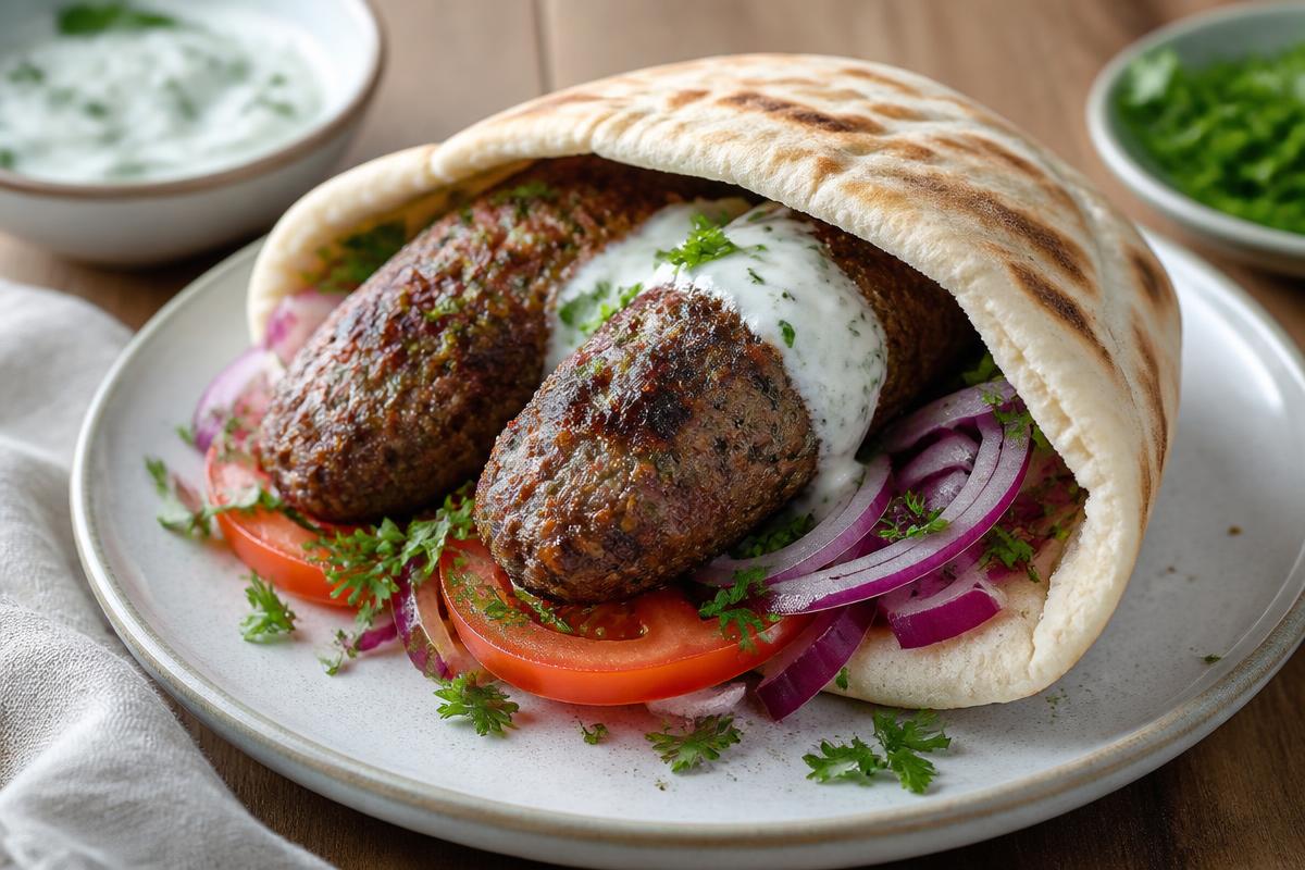 Spiced lamb kofta in a warm pita with yogurt sauce, sliced tomato, red onion and fresh parsley on a white plate.