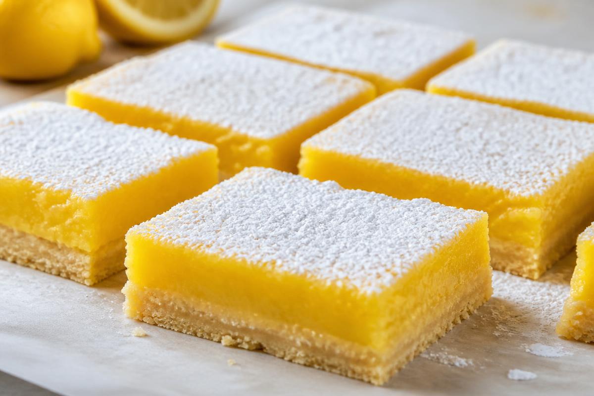 Squares of lemon bars with shortbread crust dusted with powdered sugar