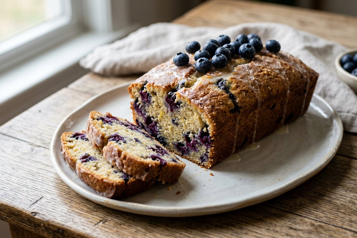 Finished lemon blueberry loaf cake served and photographed in natural daylight