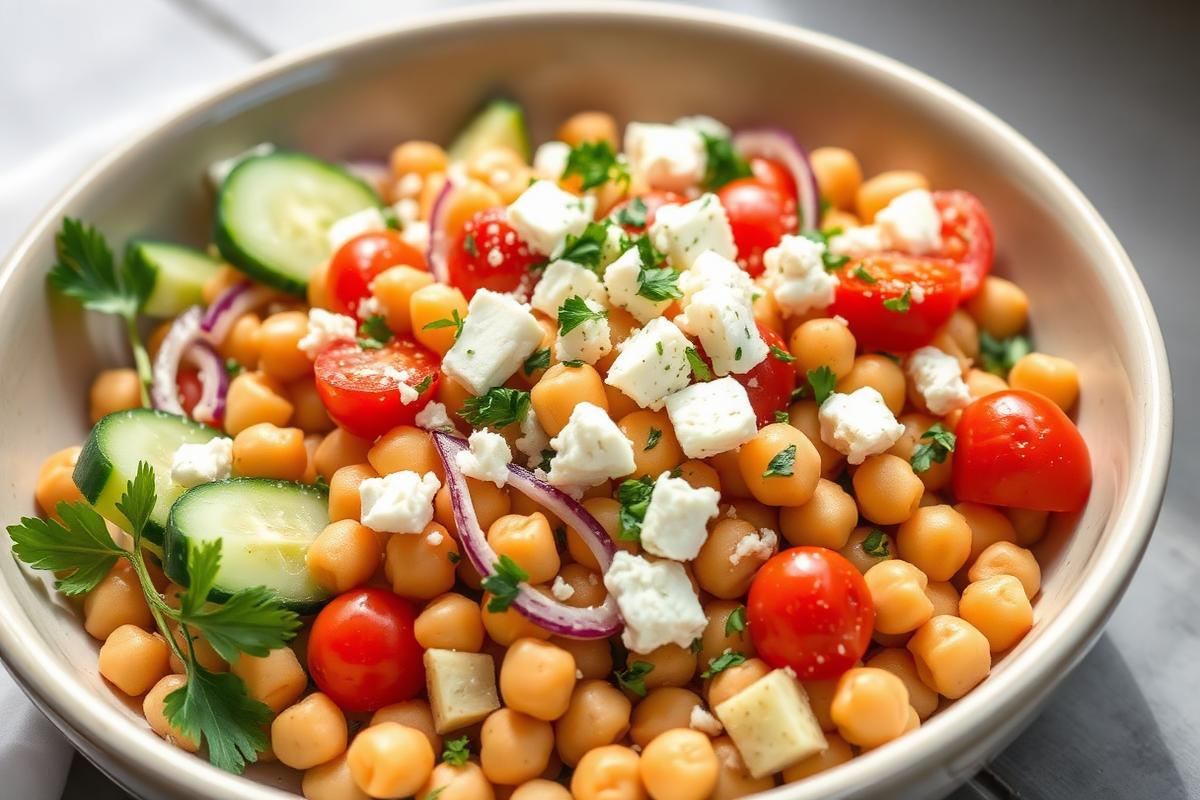 Bowl of chickpea salad with cucumber slices, halved cherry tomatoes, red onion, crumbled feta and parsley
