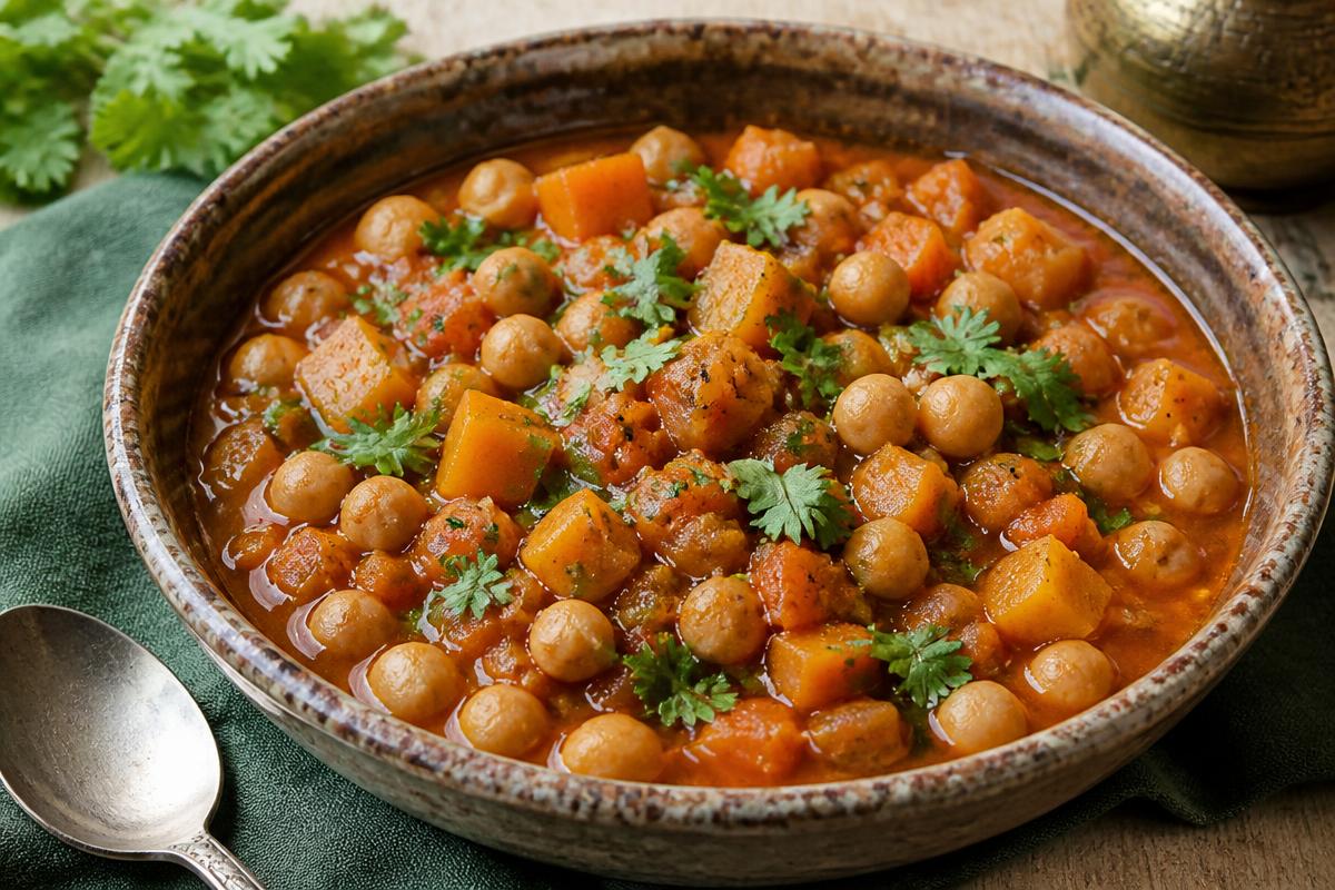 Moroccan chickpea and squash stew with chunks of squash in spiced tomato broth topped with cilantro