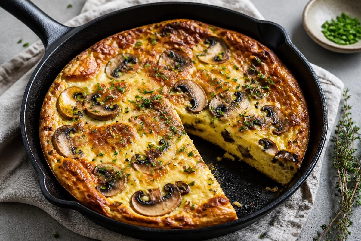 Baked mushroom and Swiss cheese frittata in a cast iron skillet with sliced mushrooms, herbs and one wedge removed