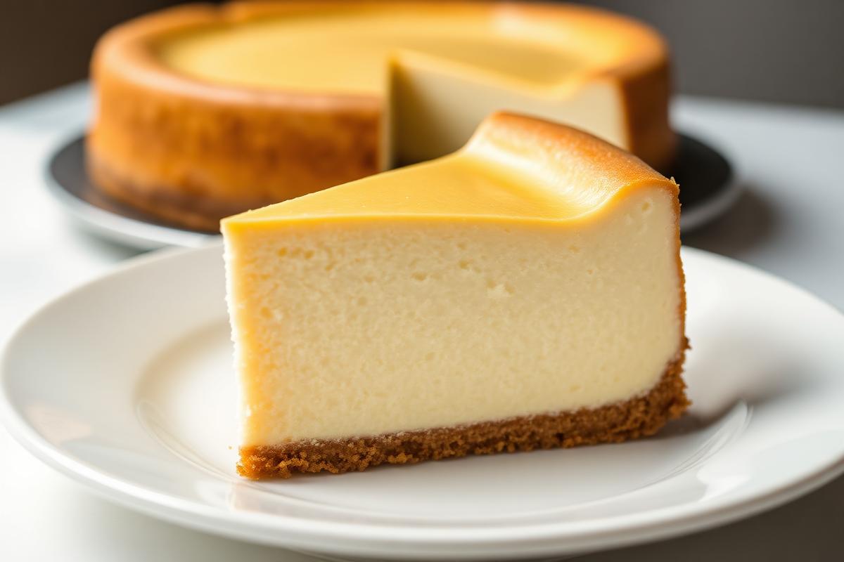 Slice of New York cheesecake with a graham cracker crust on a white plate, with the rest of the cake behind it