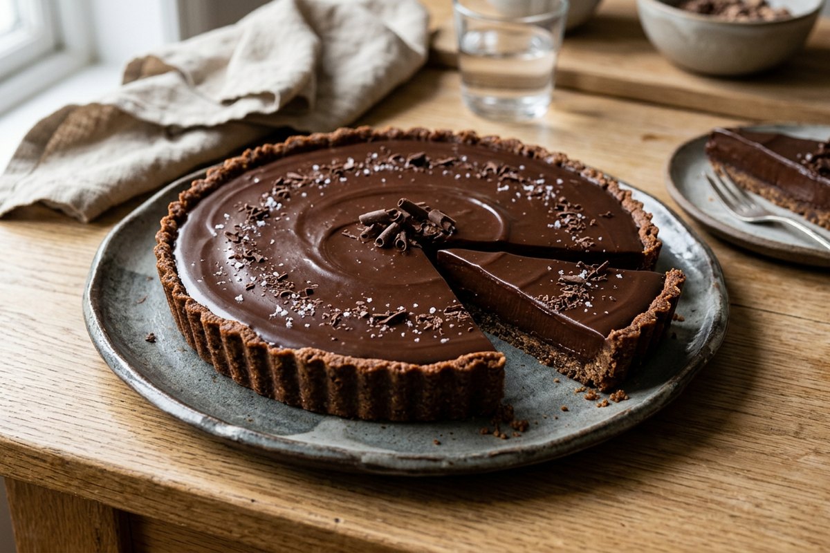 Finished no-bake chocolate tart served and photographed in natural daylight