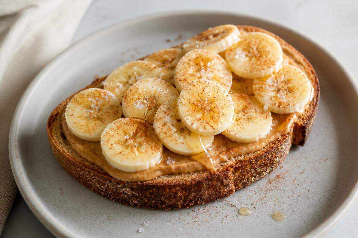 Thick slice of toasted sourdough spread with peanut butter and topped with banana slices, honey drizzle, flaky sea salt and cinnamon