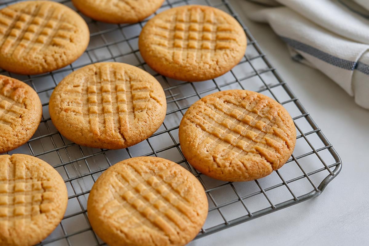 Peanut butter cookies with classic criss-cross fork marks cooling on a wire rack.