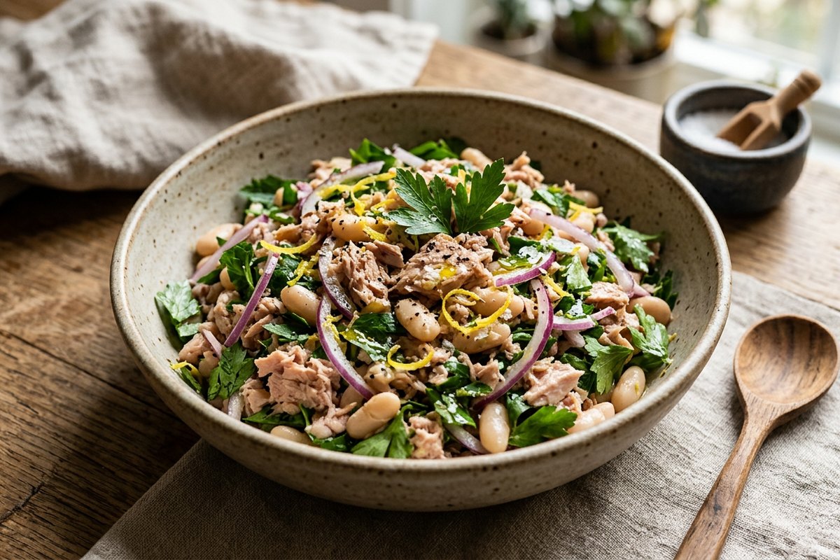 Finished quick tuna salad bowl served and photographed in natural daylight
