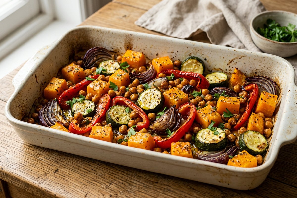 Finished roasted vegetable traybake served and photographed in natural daylight