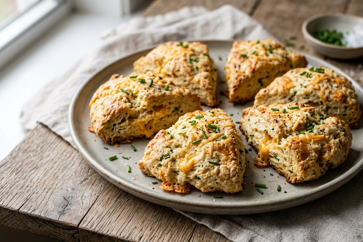 Finished savory cheddar & chive scones served and photographed in natural daylight