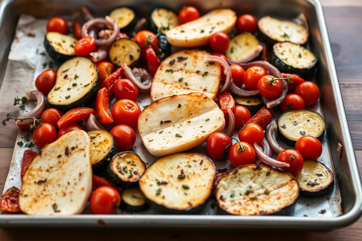 Baking tray of golden seared halloumi slices with roasted zucchini, red pepper, red onion and cherry tomatoes scattered with herbs
