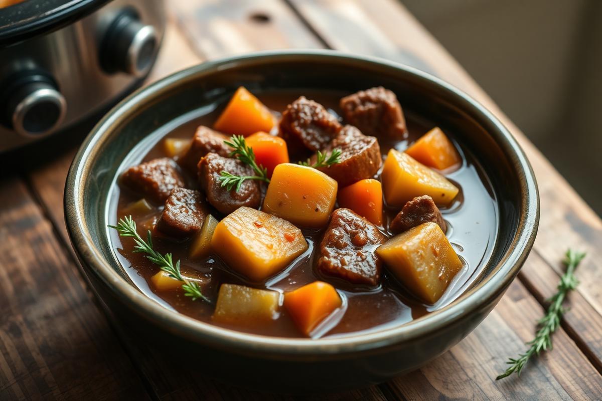 Bowl of beef stew with cubes of beef, carrots and potatoes in brown gravy, garnished with thyme sprigs on a wooden table