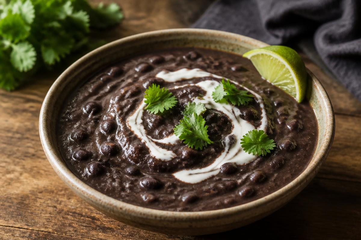 Bowl of thick, partly blended dark black bean soup with whole beans visible, a swirl of sour cream, cilantro leaves and a lime wedge