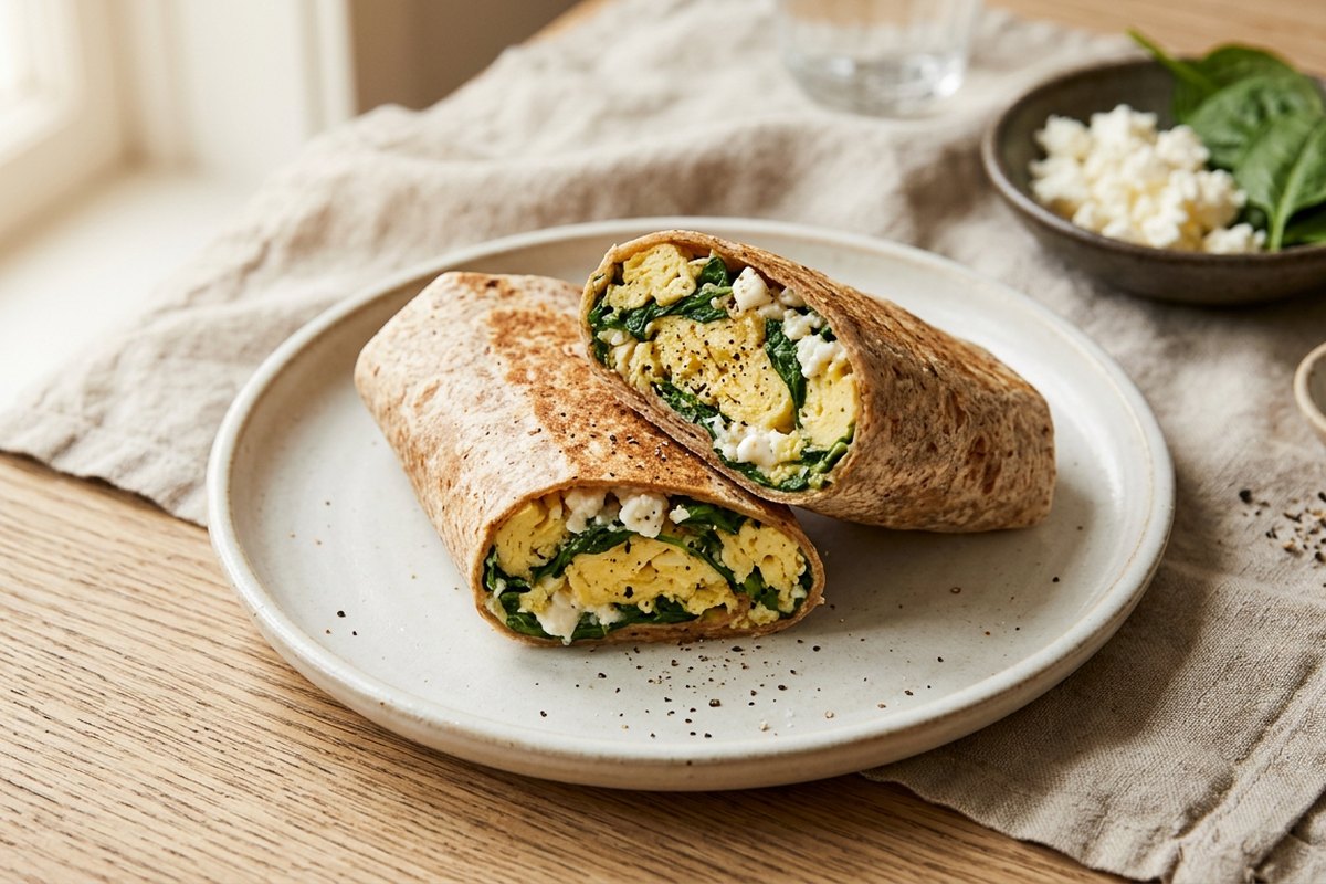 Finished spinach & feta breakfast wrap served and photographed in natural daylight