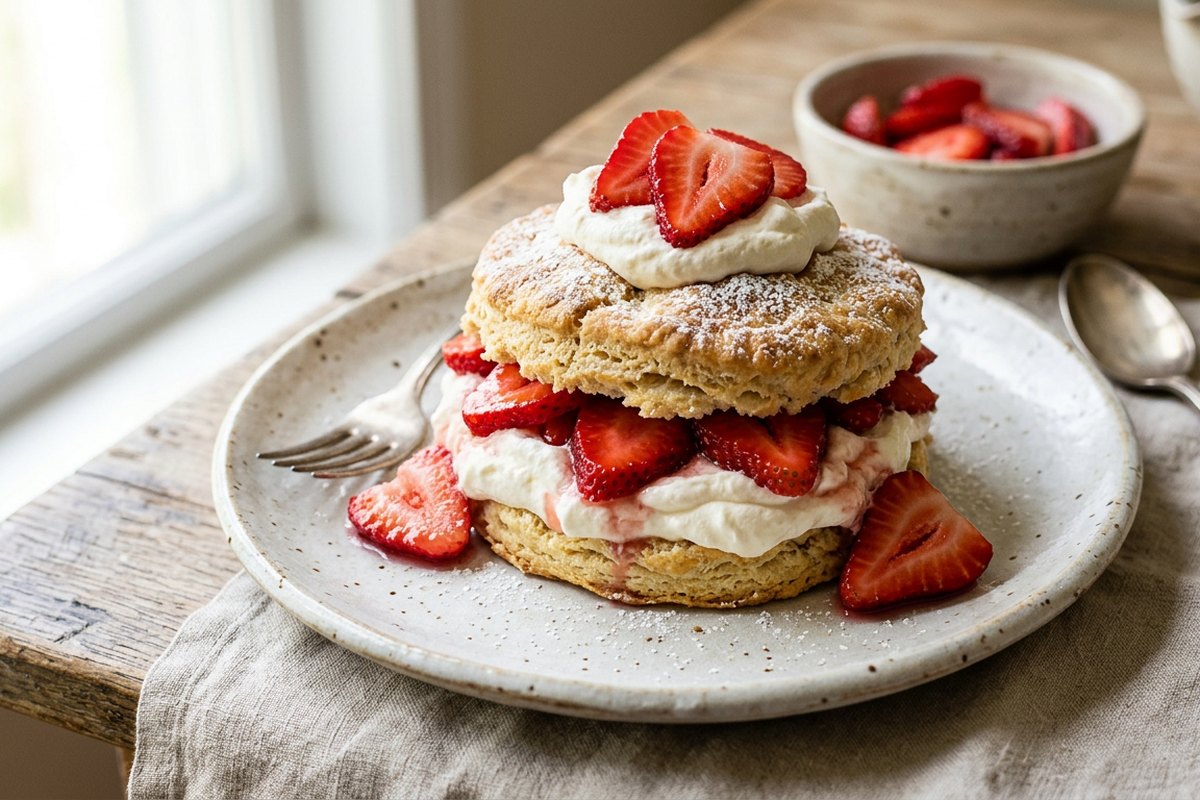 Finished strawberry shortcake served and photographed in natural daylight