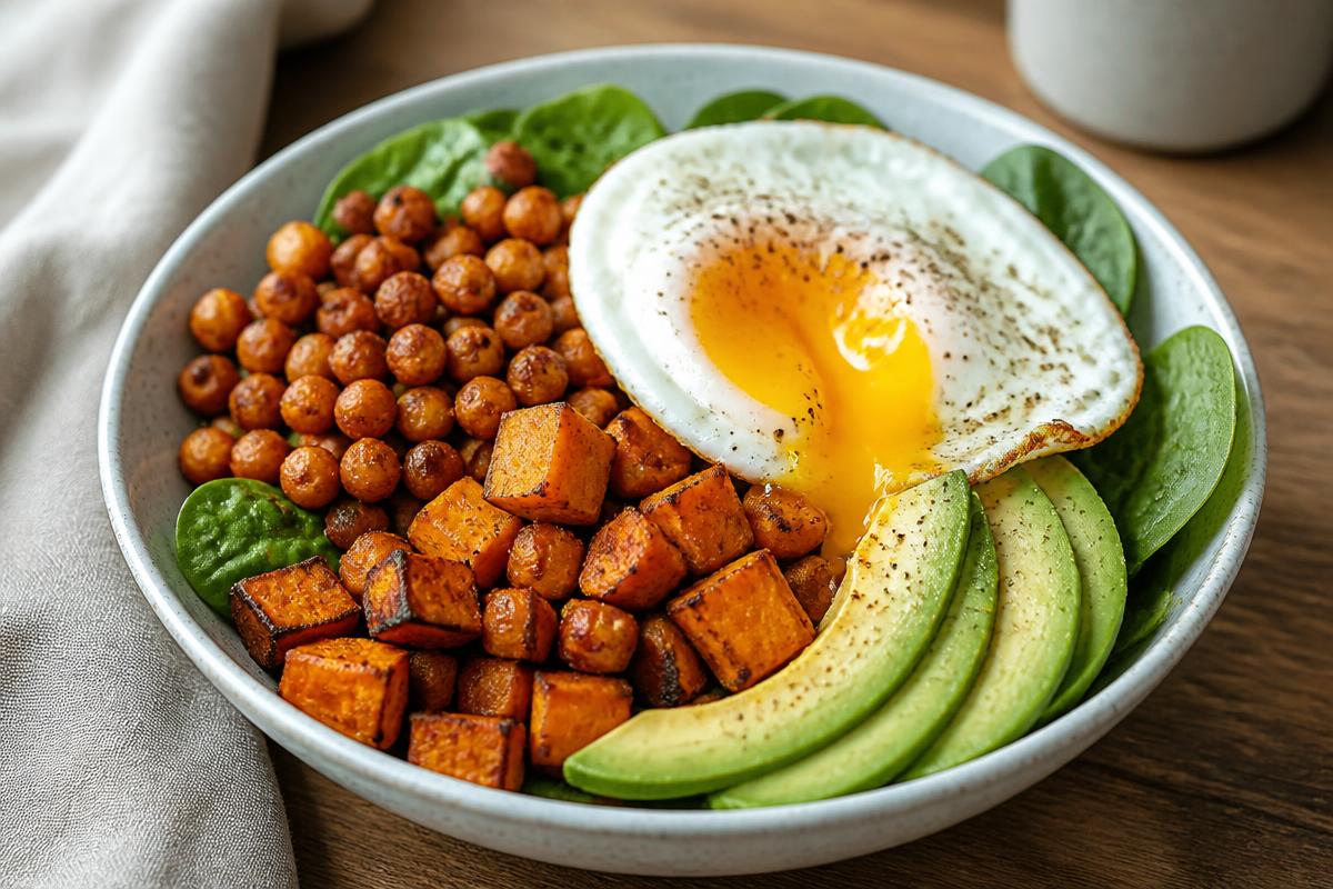 A breakfast bowl of roasted sweet potato cubes, crispy chickpeas, sliced avocado and baby spinach topped with a fried egg with a runny yolk.