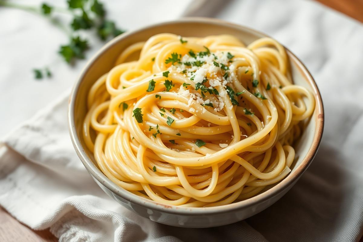 Bowl of buttery garlic noodles topped with chopped parsley and grated parmesan on a linen cloth