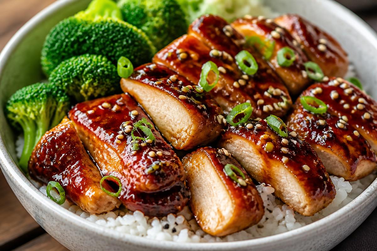 Sliced teriyaki chicken with glossy caramelised glaze over steamed rice with broccoli