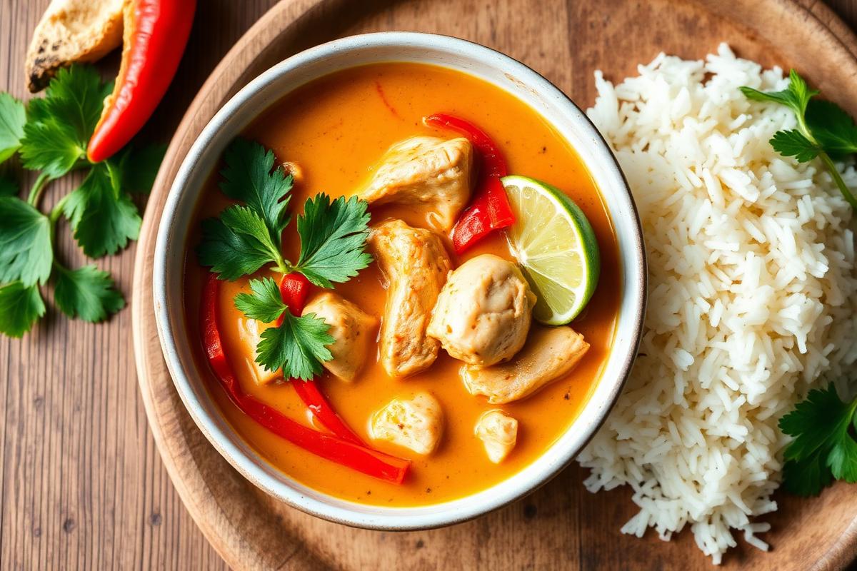 Bowl of creamy orange coconut chicken curry with red pepper strips, cilantro and a lime wedge, served beside white rice