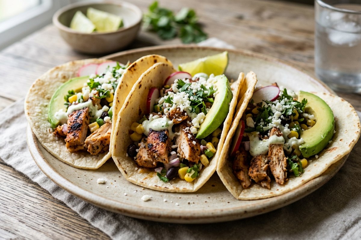Finished twenty-minute chicken tacos served and photographed in natural daylight