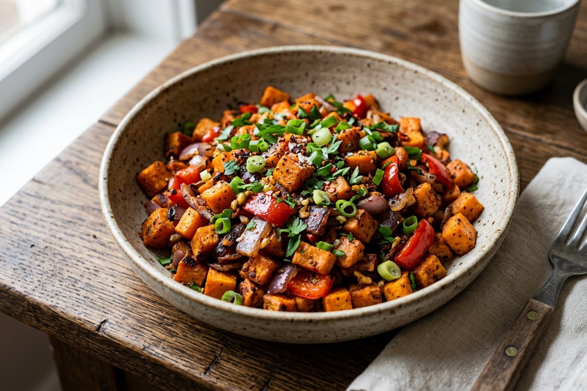 Finished sweet potato veggie breakfast hash served and photographed in natural daylight