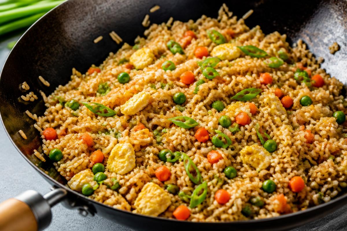 Wok of vegetable fried rice with peas, carrots, egg and spring onion